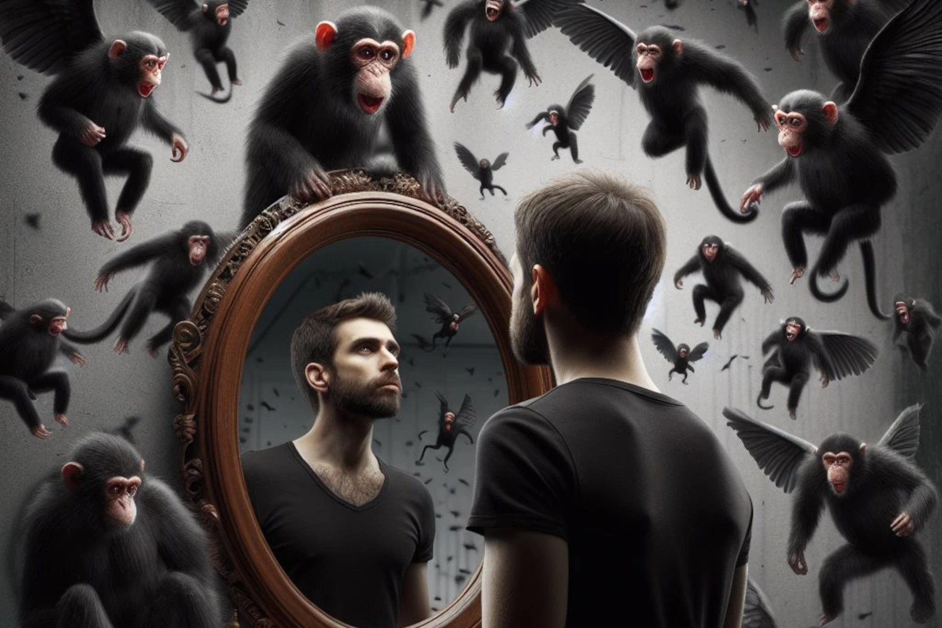 Homem olha no espelho; macacos pretos, alguns alados, voam caoticamente ao redor.