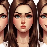 Desenho de mulher com três expressões: zangada, séria e sorridente.