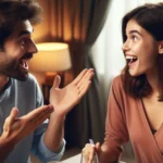 Um casal feliz, sorrindo e gesticulando em uma conversa animada.