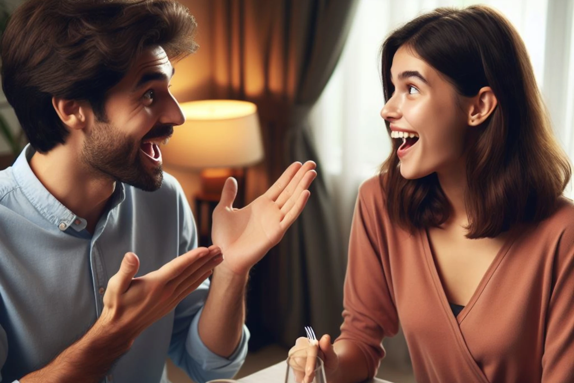 Um casal feliz, sorrindo e gesticulando em uma conversa animada.