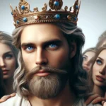 Homem de coroa dourada e barba, olhos azuis, cercado por mulheres que o admiram.