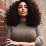 Retrato de mulher com cabelo cacheado volumoso e braços cruzados, contra parede de tijolos.