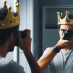 Homem de coroa dourada se fotografa no espelho com câmera.
