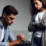 Homem cabisbaixo e mulher irritada de braços cruzados em conflito.