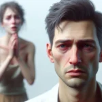 Homem de olhar cansado, com mulher chorando e suplicando ao fundo.