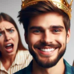 Homem barbudo com coroa sorri, enquanto mulher irritada grita e gesticula ao fundo.