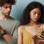 Homem desconfiado observa mulher absorta no celular dela, em fundo azul.