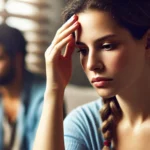 Mulher triste com a mão na testa; homem borrado ao fundo, sugerindo conflito.