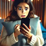 Mulher chocada na cama, olhando o celular com olhos arregalados e abraçando um travesseiro.