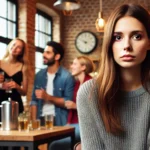 Mulher pensativa em suéter cinza, com grupo social desfocado no fundo de bar.