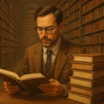 Homem de óculos e barba lendo livro em biblioteca antiga, com pilha de volumes.