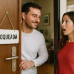 Homem sorridente e placa "BLOQUEADA" na porta surpreendem mulher chocada.