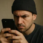 Homem de gorro preto e suéter, testa franzida, olhando fixamente o celular.
