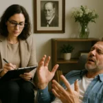 Sessão de terapia: psicóloga anota enquanto paciente angustiado desabafa, retrato de Freud.