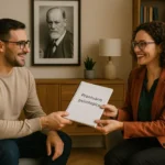 Em um consultório, um homem e uma mulher sorrindo trocam um prontuário psicológico.