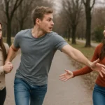 Homem preso entre duas mulheres num parque. Uma zangada, a outra sorrindo para ele.