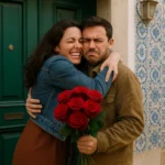 Mulher alegre abraça homem emburrado com buquê de rosas vermelhas em frente à porta.