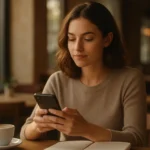 Mulher concentrada no celular em café com xícara de café e caderno.