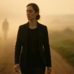 Mulher de blazer escuro em estrada enevoada dourada, silhueta masculina ao fundo.