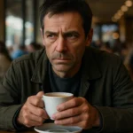 Homem pensativo segura uma xícara de café em um café movimentado e iluminado.