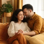 Jovem casal aconchegado no sofá, de mãos dadas, em um momento íntimo e carinhoso.
