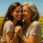 Duas mulheres sorrindo se abraçam com carinho em um campo de girassóis.