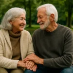 Casal de idosos sorrindo, de mãos dadas em um banco de parque.