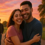 Casal feliz abraçado ao pôr do sol, homem triste ao fundo.