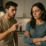 Casal discutindo na cozinha; homem gesticula irritado enquanto mulher cruza os braços e evita contato visual.