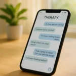 Alt text: Celular mostrando conversa de terapia virtual em mesa de madeira, com planta desfocada ao fundo.