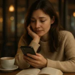 Mulher pensativa em café, olhando o celular enquanto toma café e lê um livro aberto.