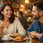 Mulher sorridente e homem em jaqueta jeans conversam em um café com croissant sobre a mesa.