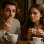 Um casal surpreso em um café com expressivas xícaras de cappuccino na frente.