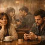 Um casal sentado em um café onde o homem usa o celular enquanto a mulher desanimada espera.