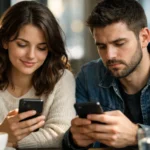 Um homem e uma mulher sentados lado a lado em um café, concentrados em seus smartphones.