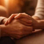 Duas pessoas estão de mãos dadas em um gesto carinhoso de conforto, suporte emocional e empatia.