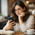 Uma mulher jovem de óculos olha seriamente para o celular em um café com livro.