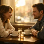 Um homem e uma mulher conversam sorridentes em uma mesa de café sob iluminação dourada.