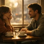 Um casal jovem troca olhares apaixonados em uma cafeteria aconchegante, iluminada pelo brilho do entardecer.