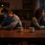 Casal sentado à mesa em ambiente escuro demonstra desconexão emocional através de silêncio e evitação.