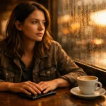 Uma mulher jovem observa a chuva através da janela de um café aconchegante durante a noite.