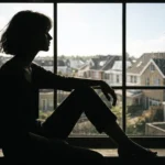 Uma silhueta feminina solitária sentada no parapeito da janela observa a cidade sob um dia chuvoso.