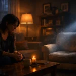 Mulher sentada em sala escura, mãos postas, iluminada por vela e feixe de luz lateral.