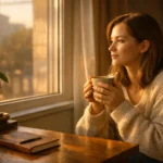 Mulher jovem segura xícara com as duas mãos, contemplando pela janela com luz dourada de fim de tarde, em ambiente aconchegante com livros e planta ao fundo.