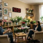 Cena acolhedora de terapia com duas pessoas conversando em sala iluminada, repleta de plantas e quadros.