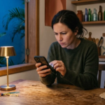 Mulher atenta analisa celular em cozinha brasileira iluminada à meia-luz, ao lado de filtro de barro.