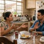 Casal jovem sentado na mesa da cozinha brasileira conversando sobre um assunto com visões opostas.